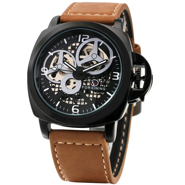 FORSINING Fashion Men Auto Mechanical Watch Brown Leather Strap Luxury Skeleton Dial 3D Index Design Top Brand Wrist Watches