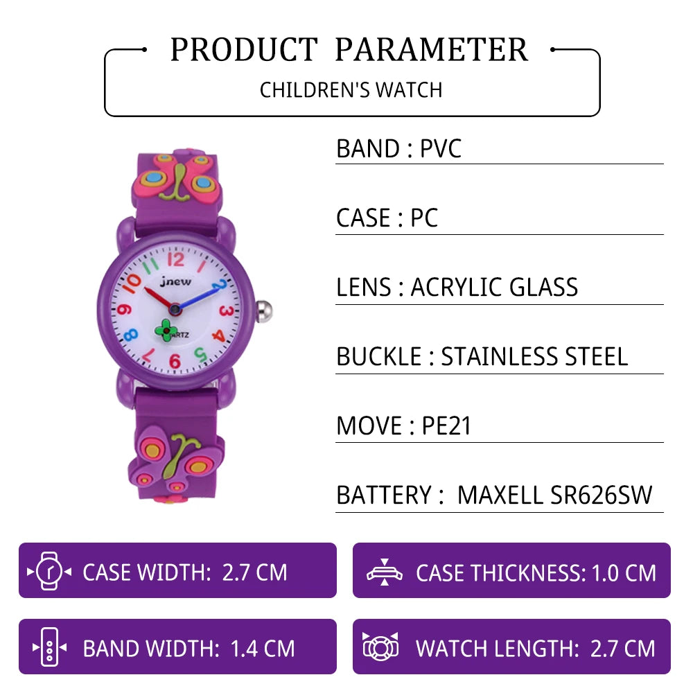 JNEW Bling Waterproof Quartz Watch for Girls Kids Watches with Cartoon Sport Fashion Styles