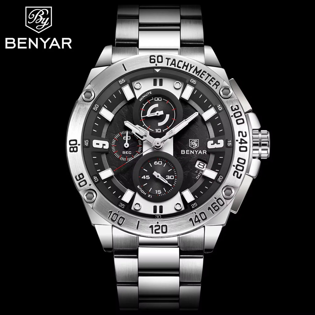 BENYAR 5148 BENYAR Men Luxury Stainless Steel Chronograph Quartz Watches Business Auto Date Luminous Wristwatch