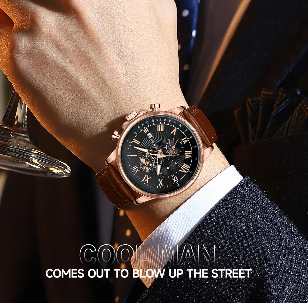 CRRJU Men's Leather Chronograph Watch