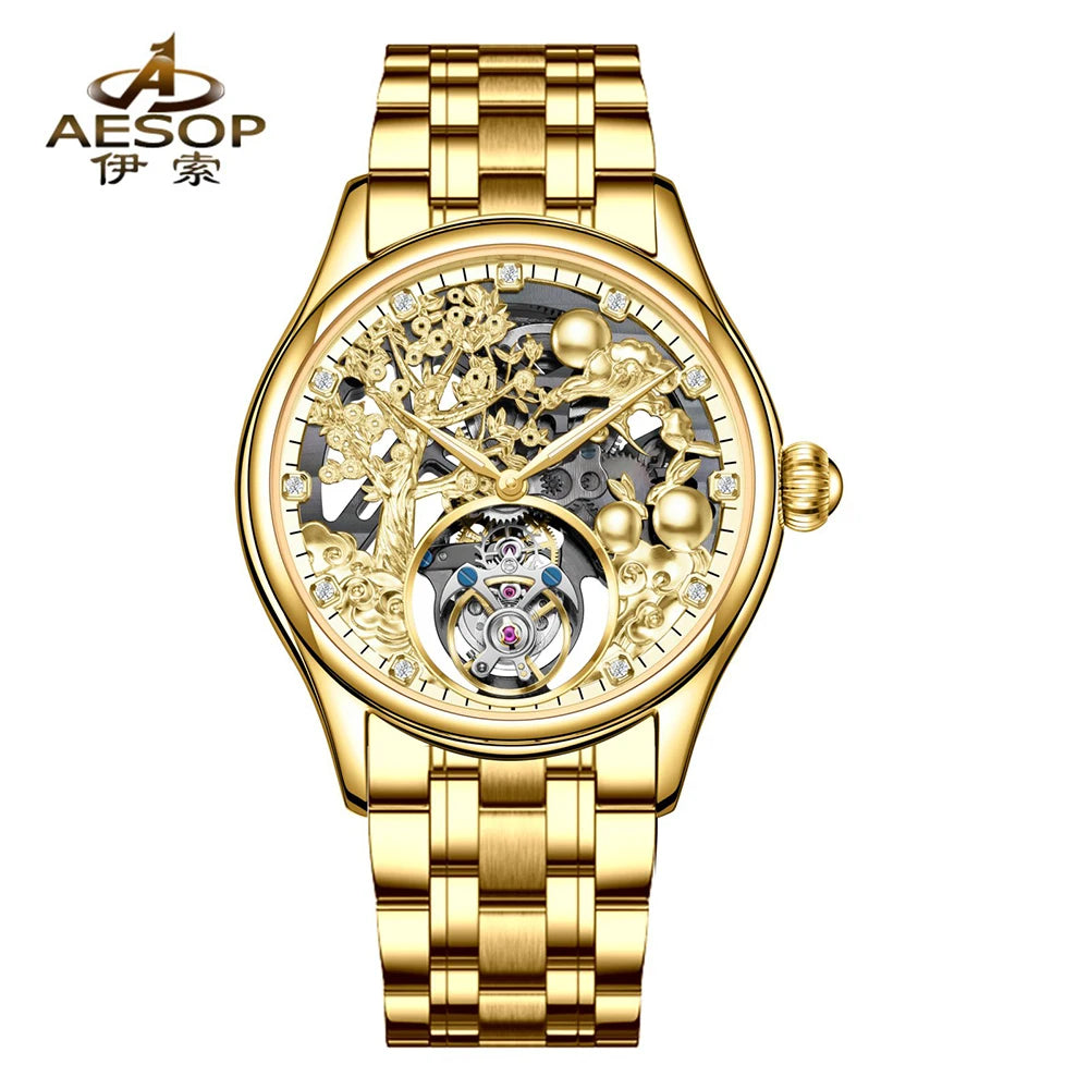 Relojes Hombre Luxury Gold Hollow Automatic Mechanical Watch Skeleton Tourbillon Watches for Men