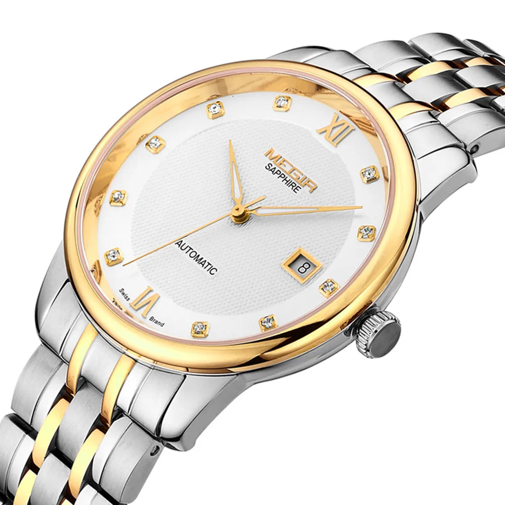 MEGIR 96002 Men Watches Luxury Business Wristwatches Stainless Steel Sapphire Clock Automatic Mechanical Watch Reloj Hombre