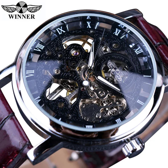 Winner Men's Automatic Watch - Transparent Golden Case Leather Business Sport Timepiece
