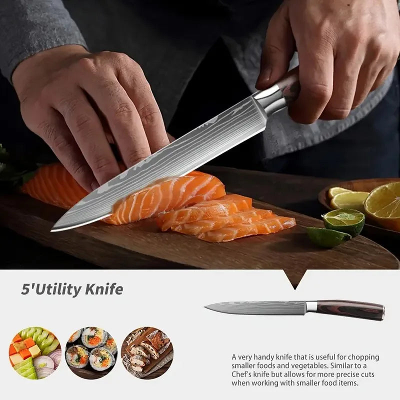 4-Piece Premium Stainless Steel Kitchen Knife Set Pakka Wood Handle Santoku Nakiri Bread Utility Boning Slicer Knives
