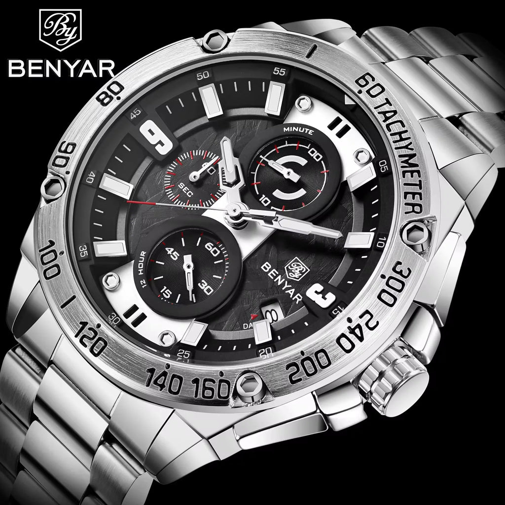 BENYAR 5148 BENYAR Men Luxury Stainless Steel Chronograph Quartz Watches Business Auto Date Luminous Wristwatch