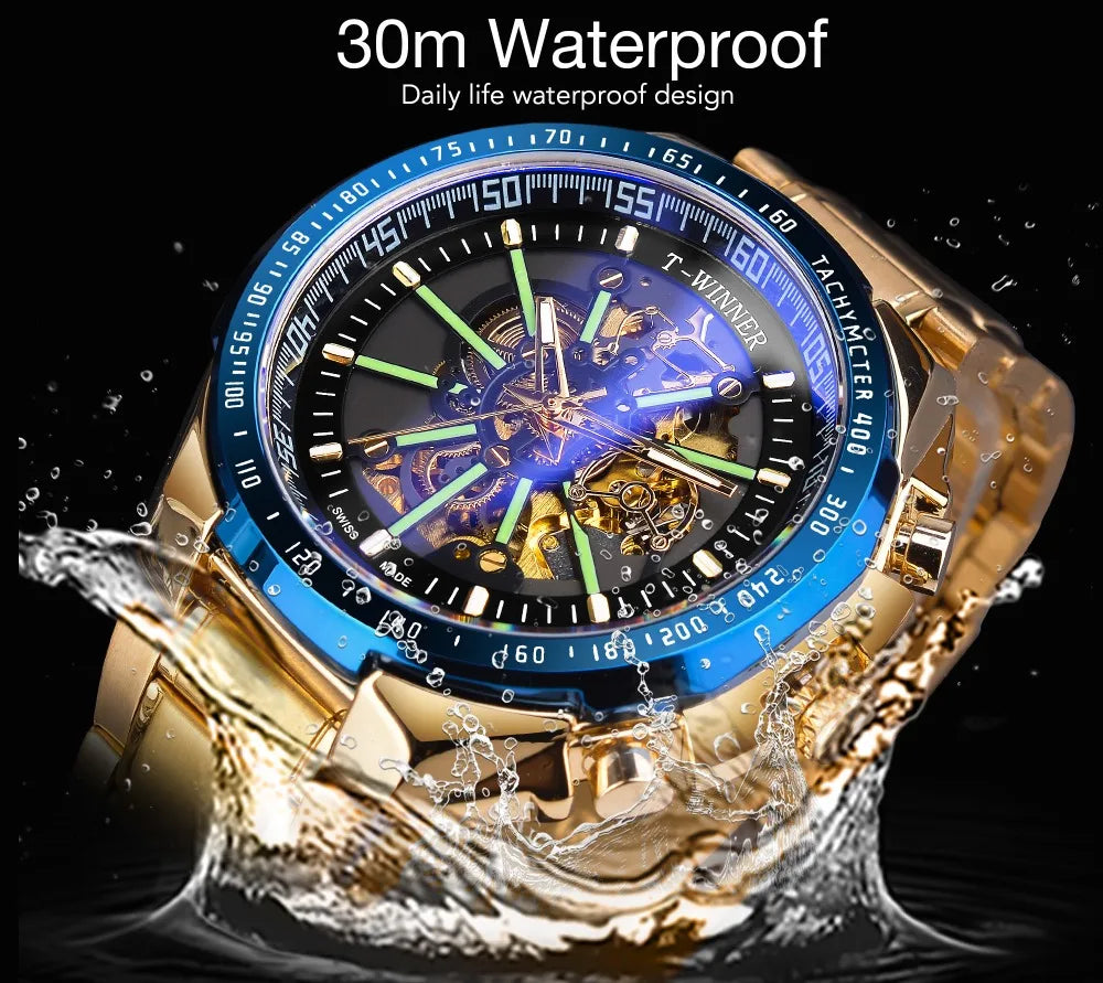Winner Men's Gold Skeleton Automatic Watch - Waterproof Mechanical Luminous Timepiece