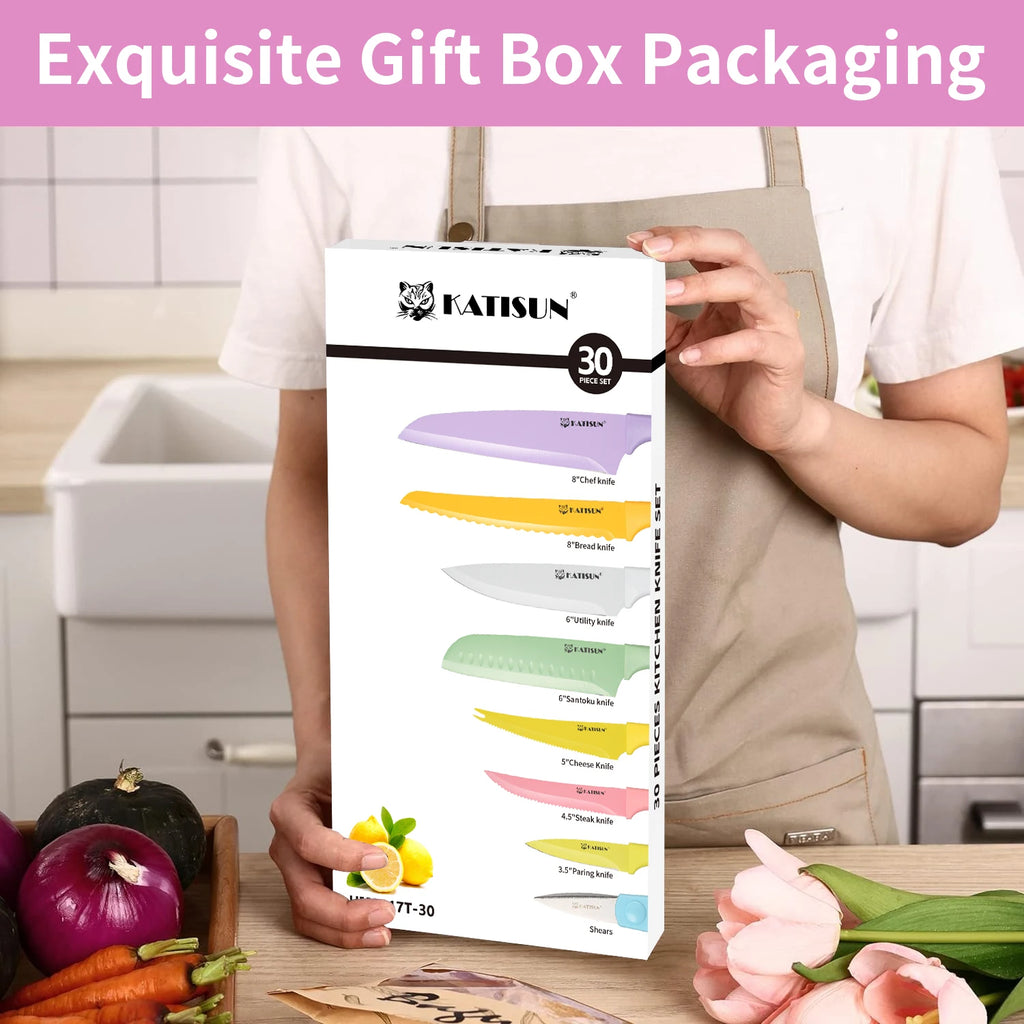 30 Pieces Color Coding Stainless Steel Knives Set, Anti-Rust and Dishwasher Safe with Blade Covers, Cutting Board, and Shear