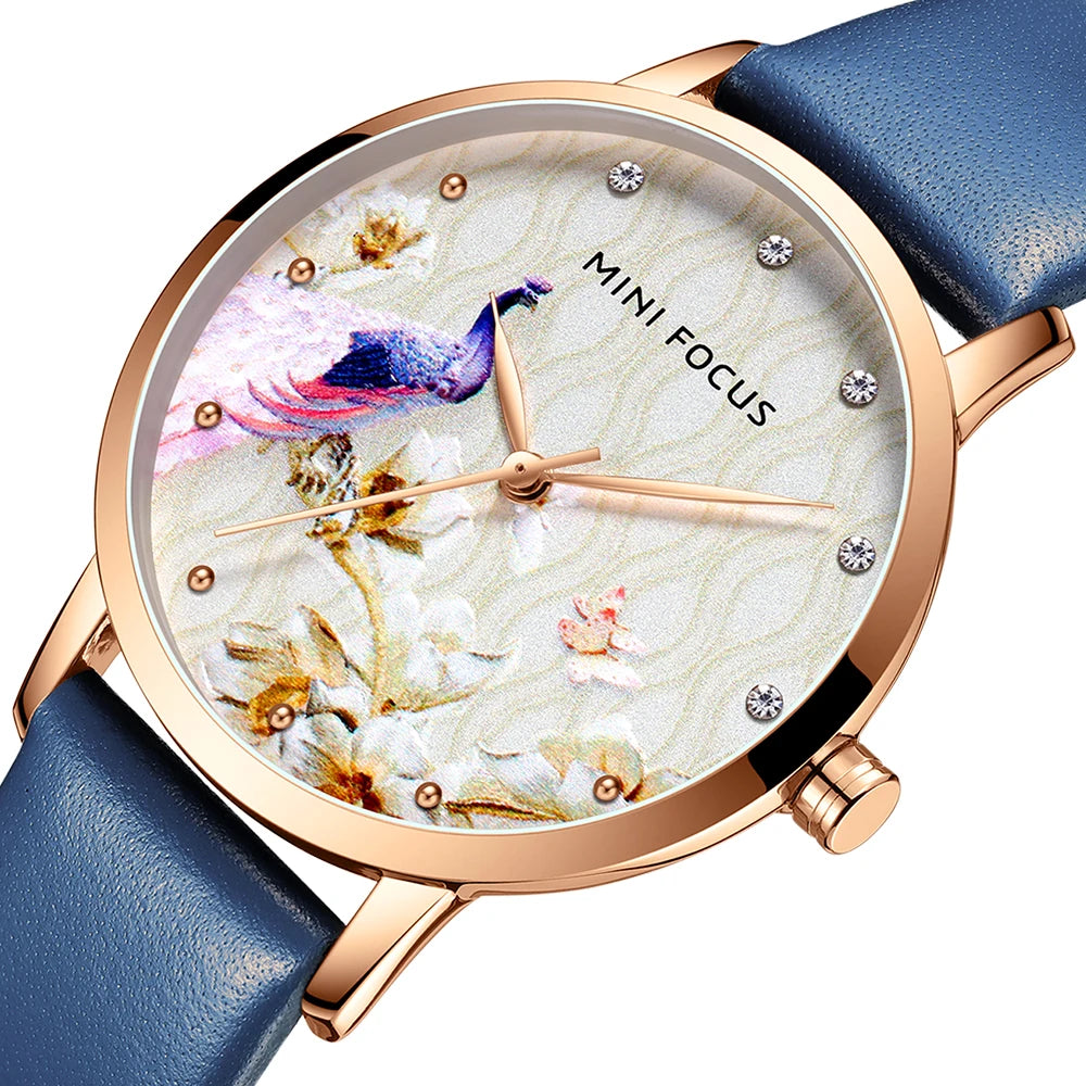 Peacock Elegance - Women's Luxury Leather Watch with Artistic Dial