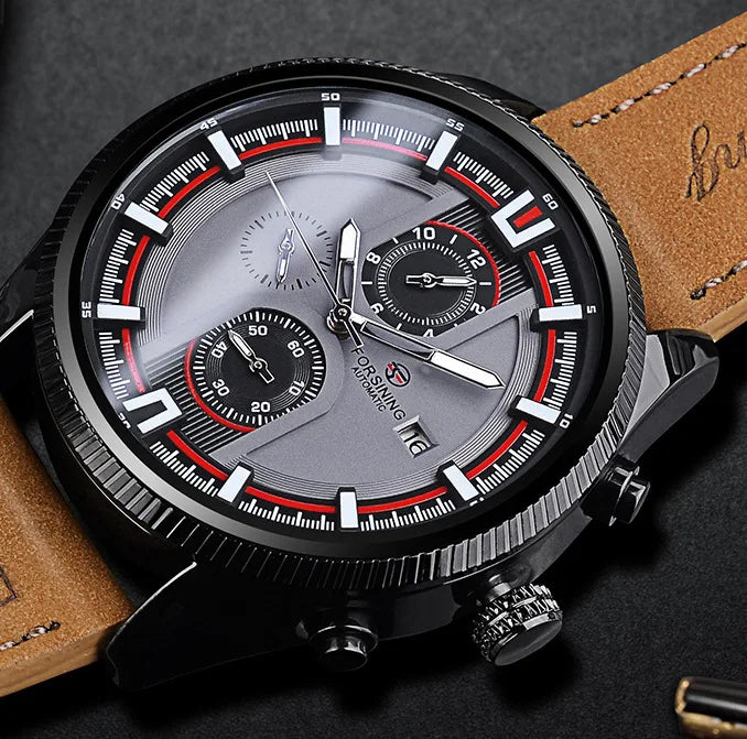 New Forsining 382 Brown Men's Watch Luxury Genuine Leather Strap Sports Fashion Automatic Mechanical Watch Men's Watches