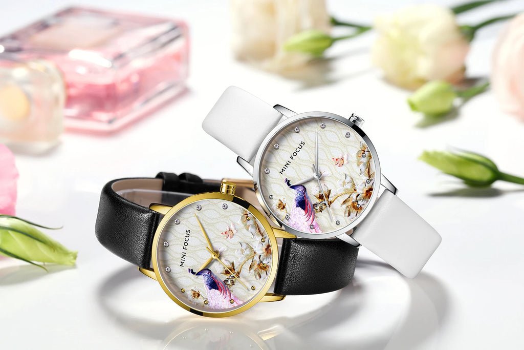 Peacock Elegance - Women's Luxury Leather Watch with Artistic Dial