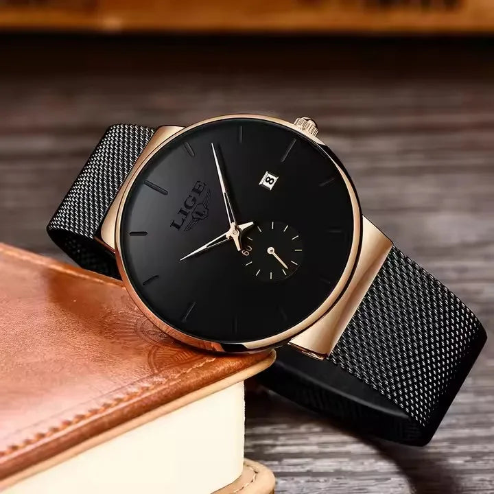 LIGE 9969 New Fashion Mens Quartz Watches Top New Luxury Wrist Watch Men Rloj Casual Slim Mesh Steel Waterproof Watch for Male