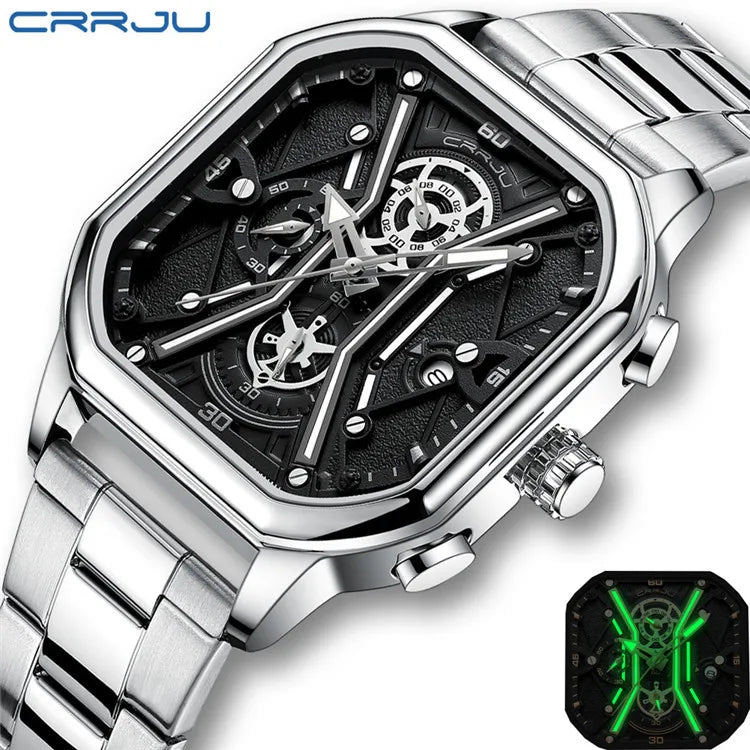 CRRJU Square Dial Leather Chronograph Watch