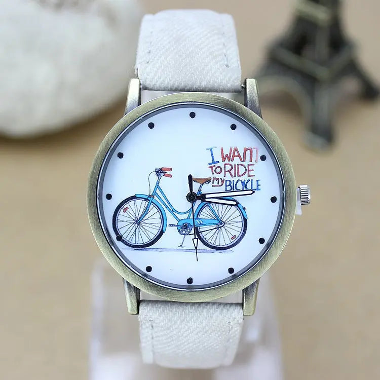 New Fashion Men bicycle Watch Women Jean Fabric Leather Strap Dress Watches Relogio Feminino Ladies Casual Quartz Watch Hot Hour