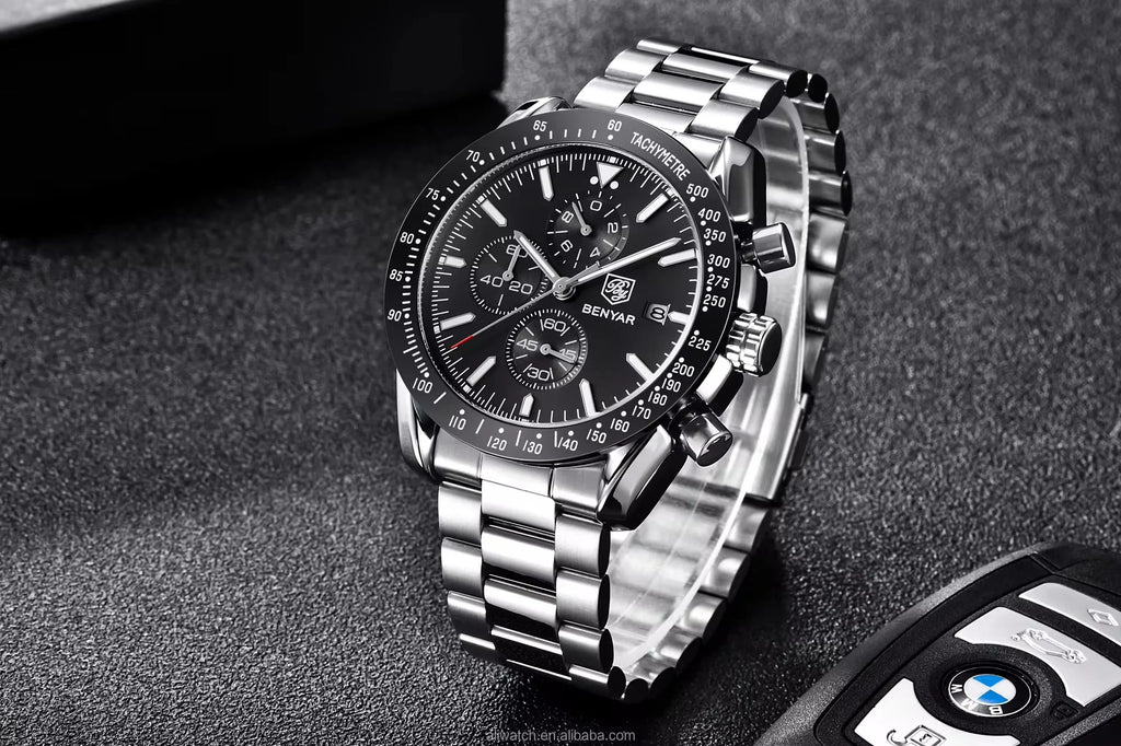 BENYAR Men Watch Top Brand Stainless Steel Band Luxury Business Sport Chronograph Quartz Wristwatch Men Clock