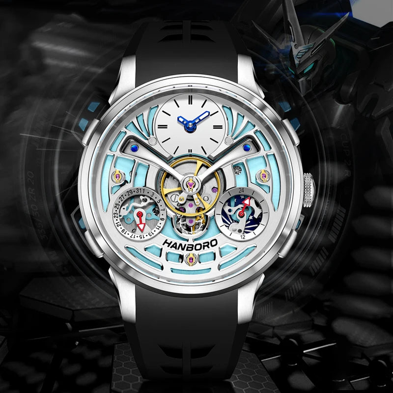 HANBORO King Bee Series Men's Sport Automatic Mechanical Watch Unique Skeleton Flywheel Design Crystal Dial Window Silicone Band