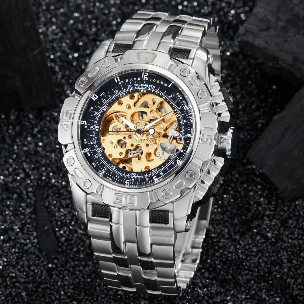 Skeleton Mechanical Watch Men's Top Brand Luxury Automatic Wristwatch Stainless Steel Band Sports Waterproof Male Reloj Gifts