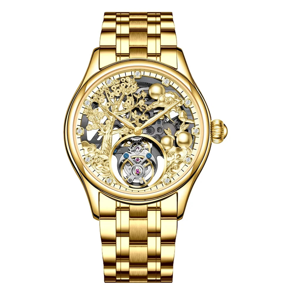 Relojes Hombre Luxury Gold Hollow Automatic Mechanical Watch Skeleton Tourbillon Watches for Men
