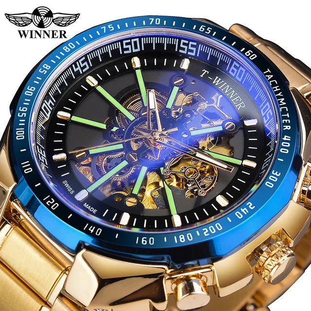 Winner Men's Gold Skeleton Automatic Watch - Waterproof Mechanical Luminous Timepiece
