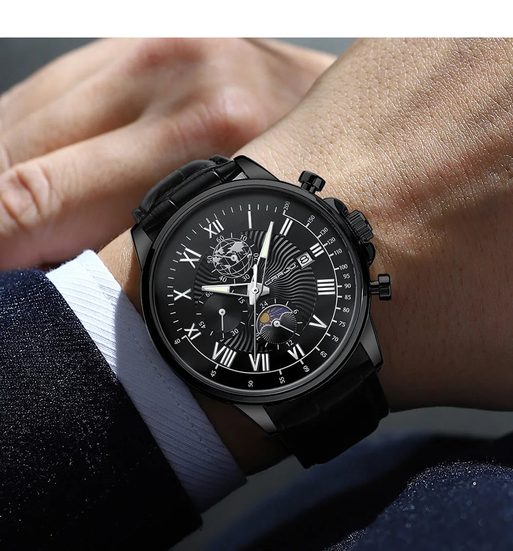 CRRJU Men's Leather Chronograph Watch