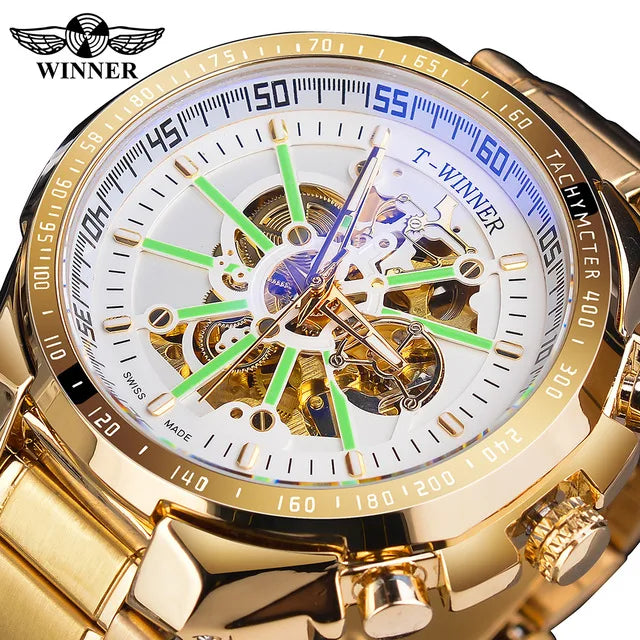 Winner Men's Gold Skeleton Automatic Watch - Waterproof Mechanical Luminous Timepiece