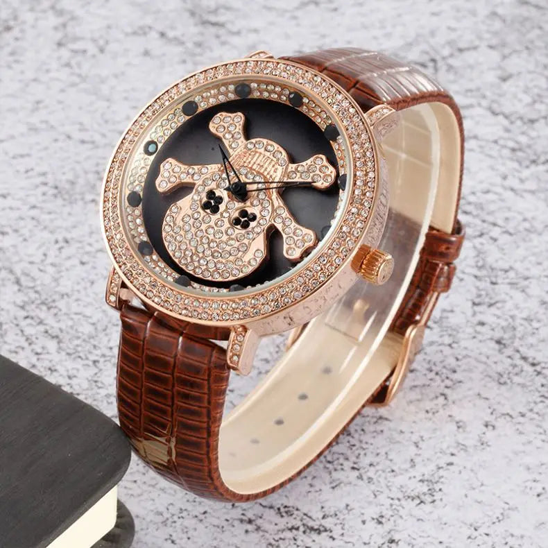 Diamond Skull Leather Watch - Western Bohemian Quartz Timepiece for Women