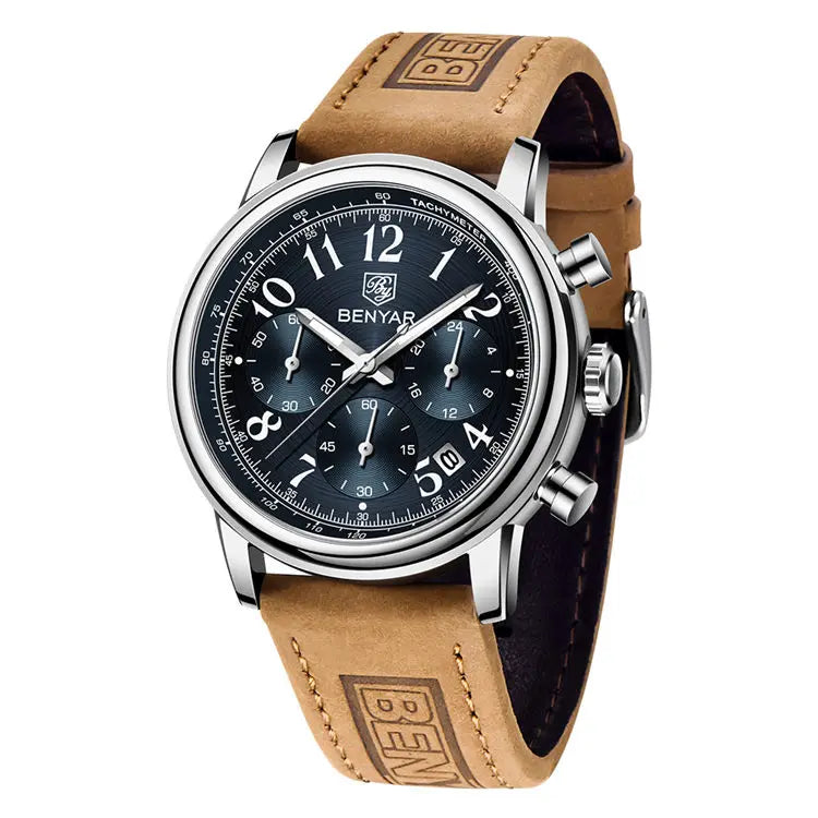 Benyar  5190  Band Waterproofing Calendar Character Business Wristwatch Luxury  Moq 1 Brown Gents Clock clear Genuine Leather