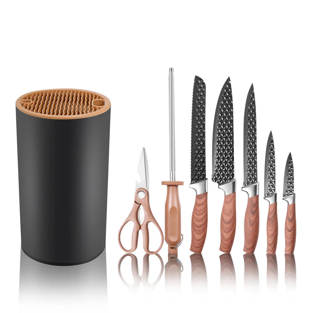 Yangjiang 7-Piece Kitchen Knife Set Including Chef Santoku Nakiri and Fruit Slicer Plastic Knife Holder Slicing Cleaver Knives