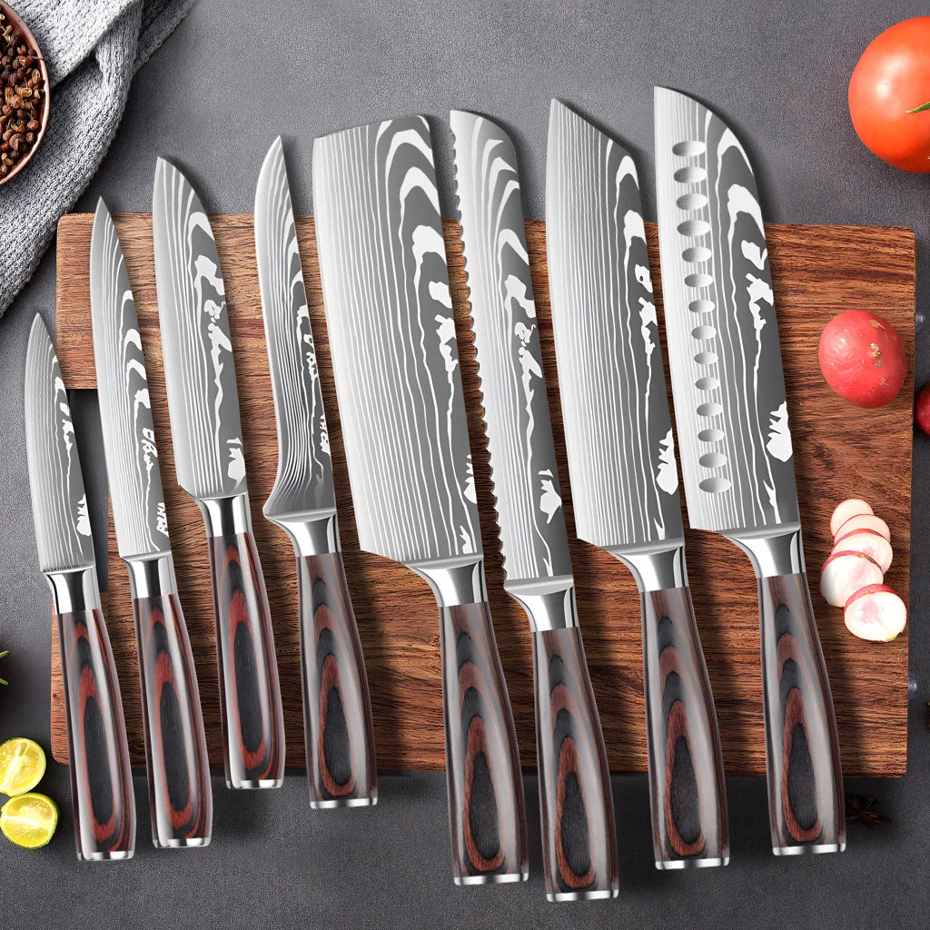 8-Piece Premium Stainless Steel Kitchen Knife Set Wood Pakka Santoku Nakiri Slicing Utility OEM Boning Slicer Knives
