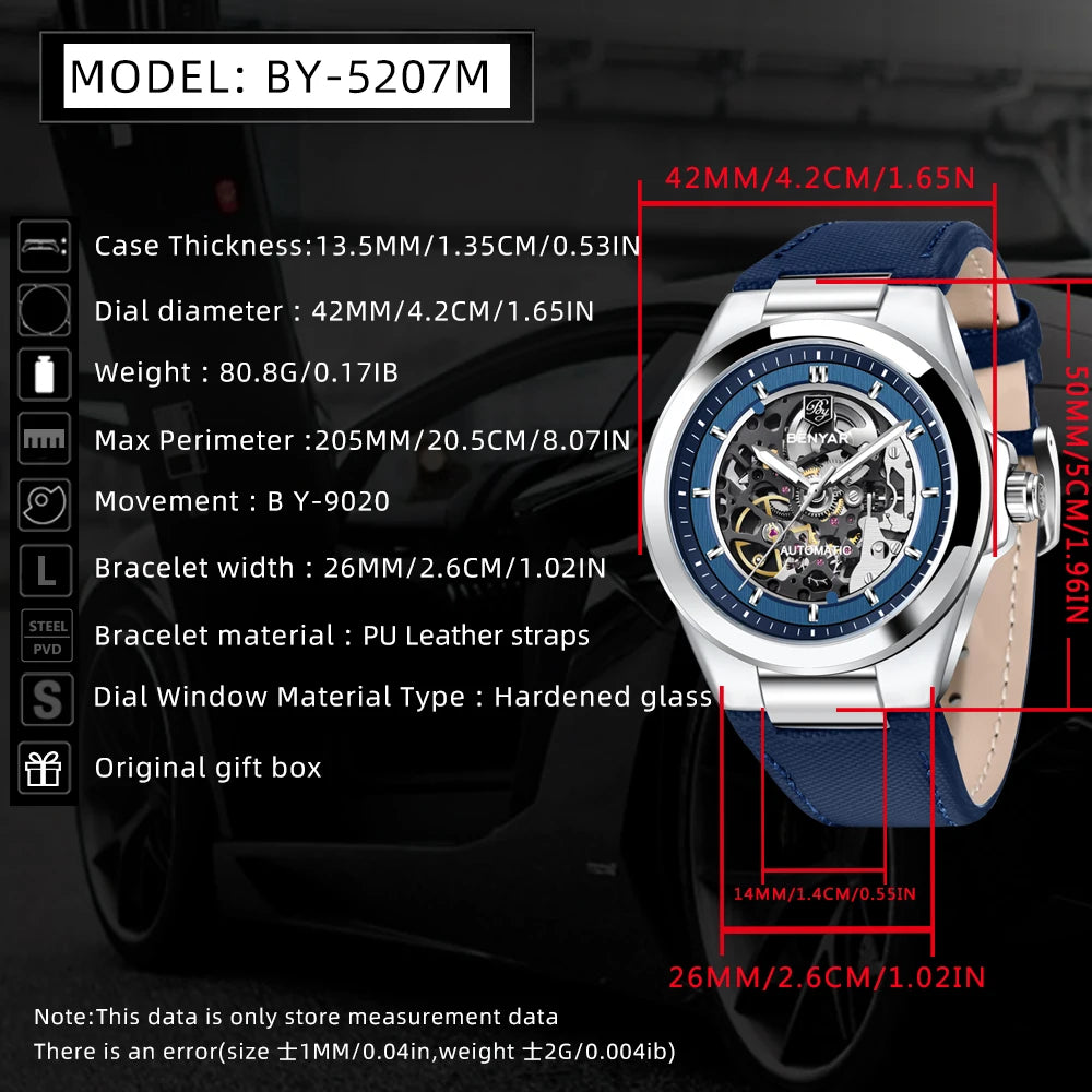 Hot Sale BENYAR 5207 Sports Watch Men Watch Top Brand Waterproof 30M Leather Men's Mechanical Watch Clock Relogio Masculino