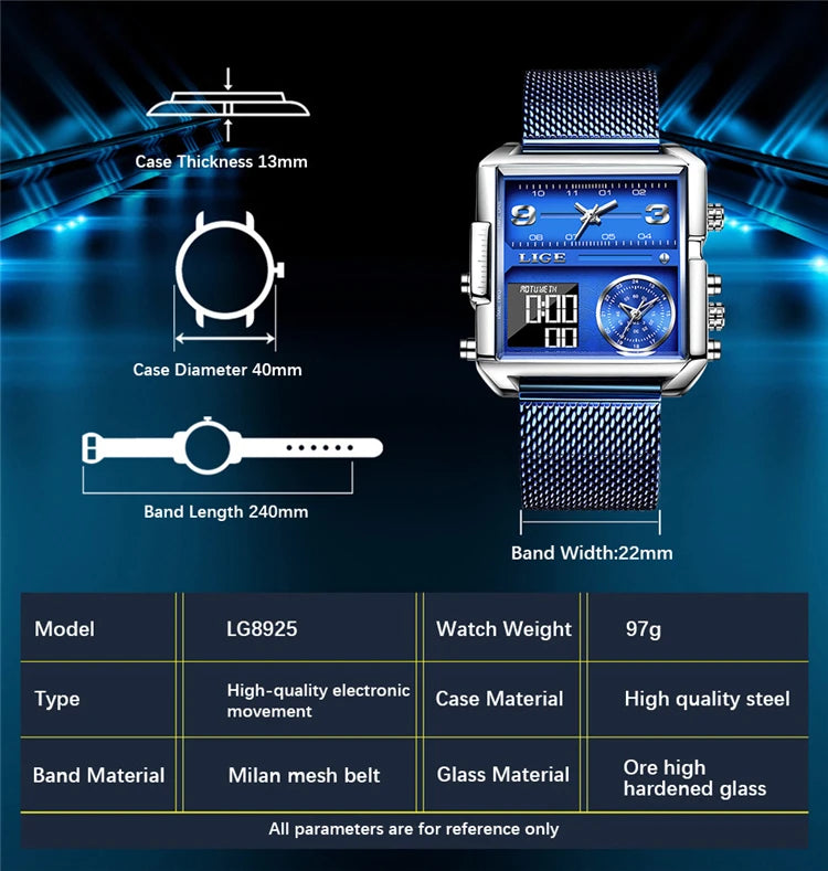 Top Brand LIGE Square Man Watch Luxury Sport Quartz Analog Wristwatch for Men Waterproof Digital Watches Creative Watch