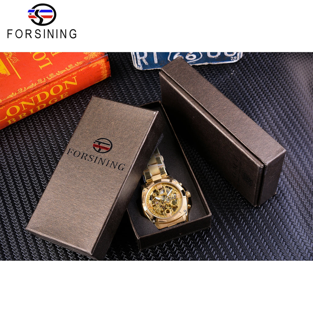 Forsining Men's Automatic Mechanical Watch - Luxury Golden Skeleton Dial with Luminous Hands