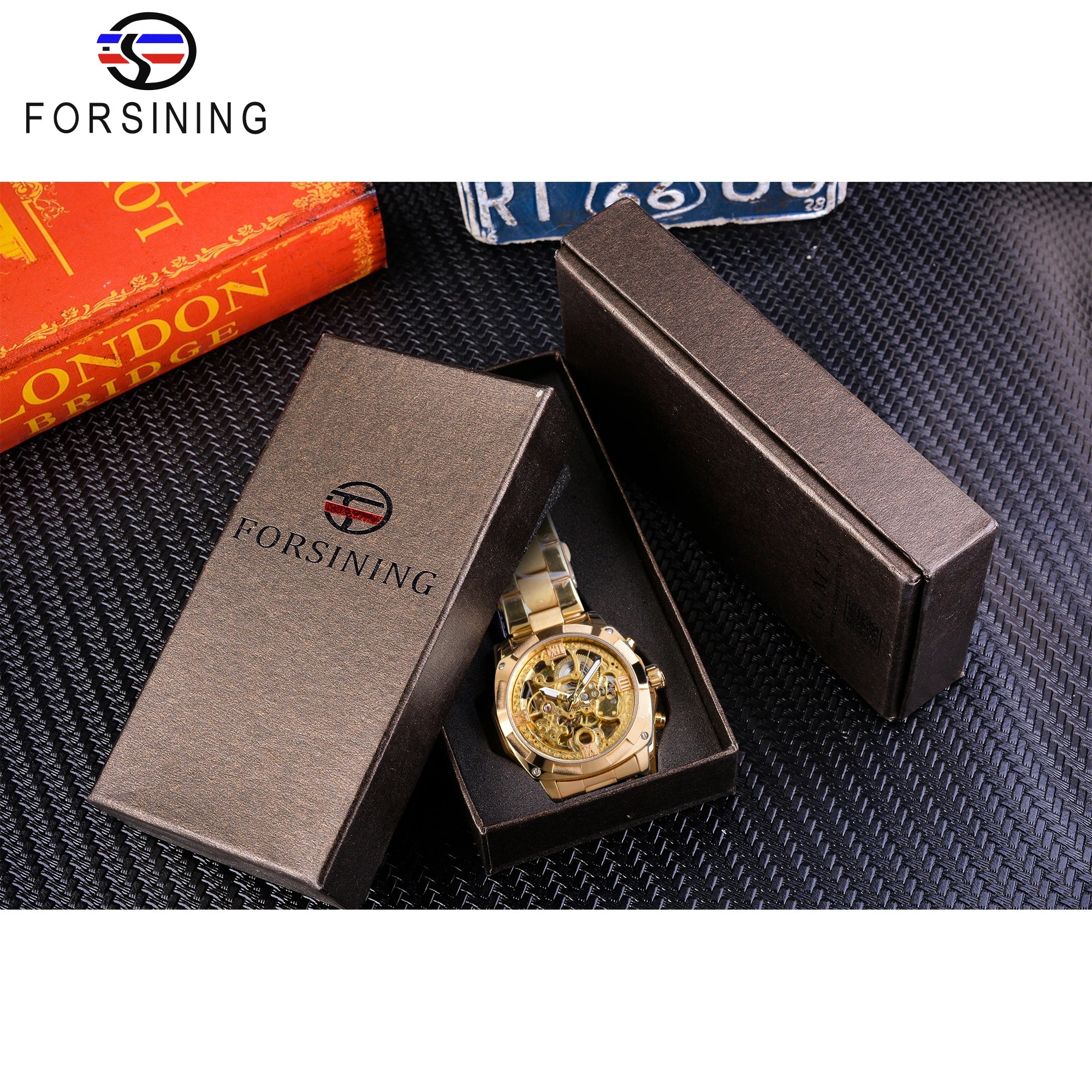 Forsining Men's Automatic Mechanical Watch - Luxury Golden Skeleton Dial with Luminous Hands