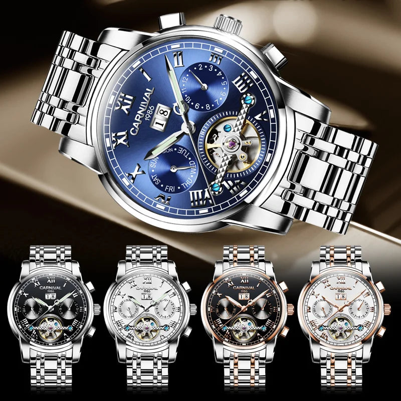 Montre Homme CARNIVAL Tourbillon Mechanical Wristwatches Sapphire Calendar Luminous Waterproof Automatic Watches for Man 2025