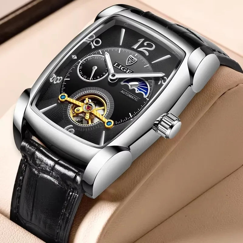 Lige 8949 Watches Square Reloj Montre Watch Automatic Tourbillon Clock Genuine Leather Waterproof Mechanical Wristwatch for Men