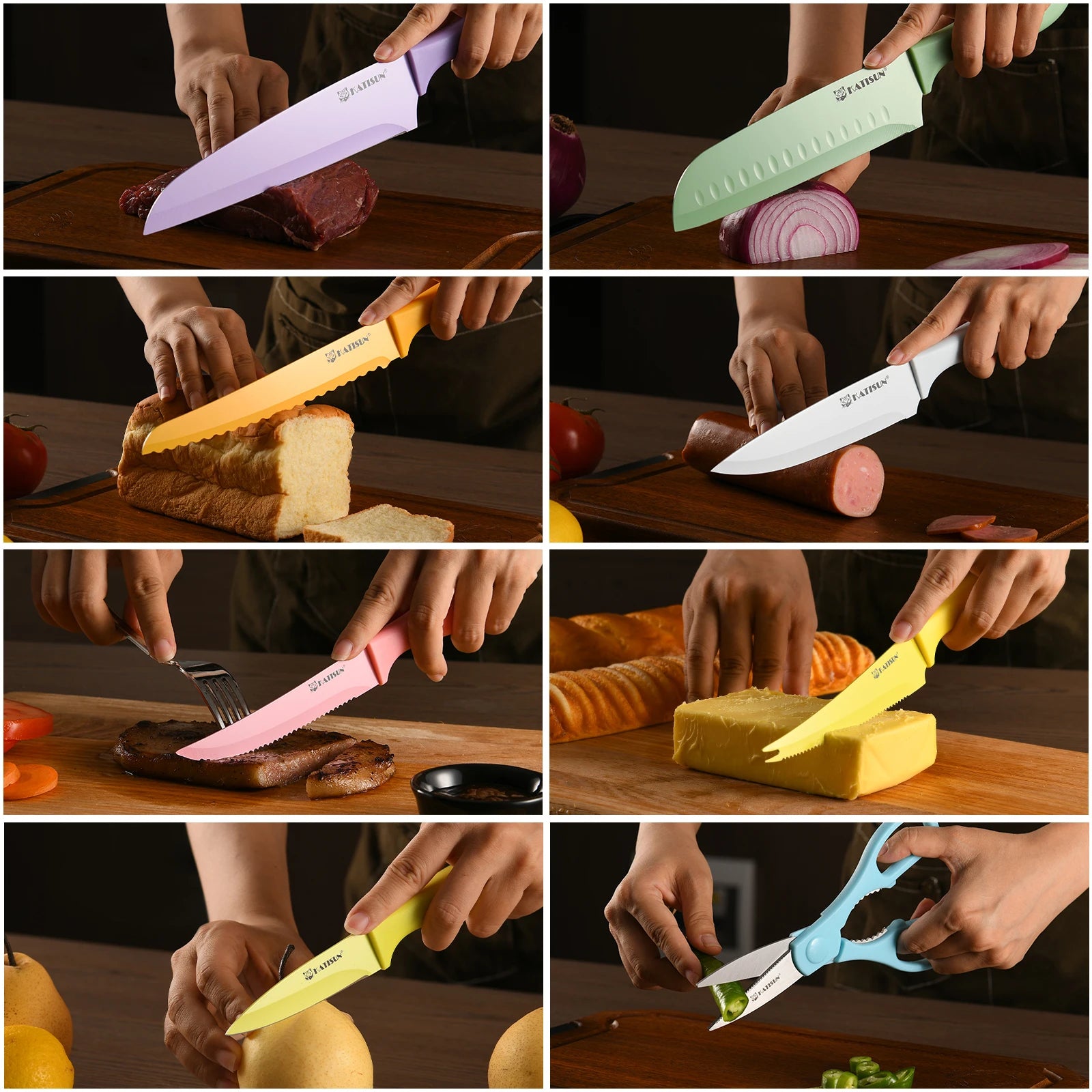 30 Pieces Color Coding Stainless Steel Knives Set, Anti-Rust and Dishwasher Safe with Blade Covers, Cutting Board, and Shear