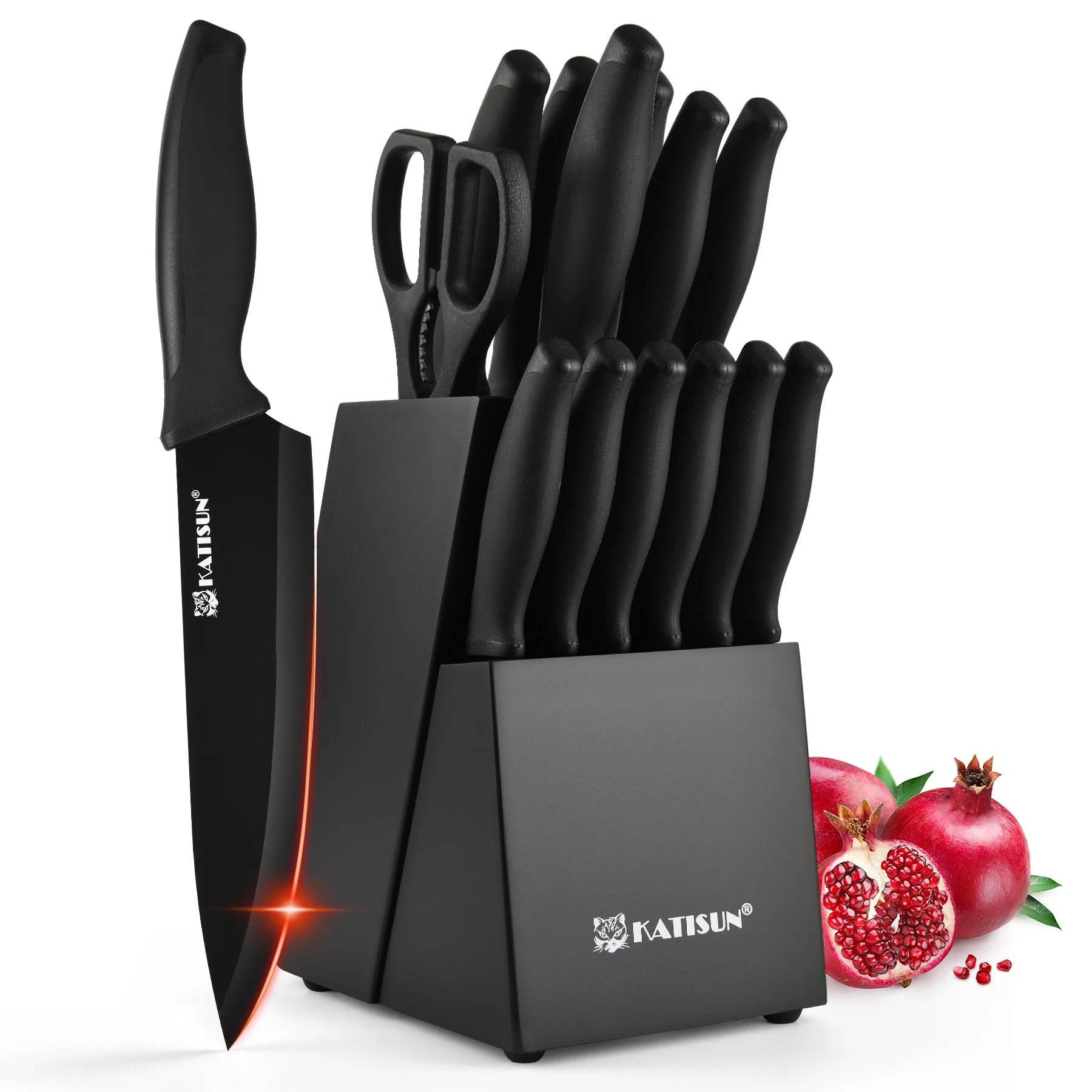 15-Piece Color Coded Kitchen Knife Set High Carbon Chef Knife Ergonomic Black Anti-Slip TPR Soft Handle and Inner Sharpener