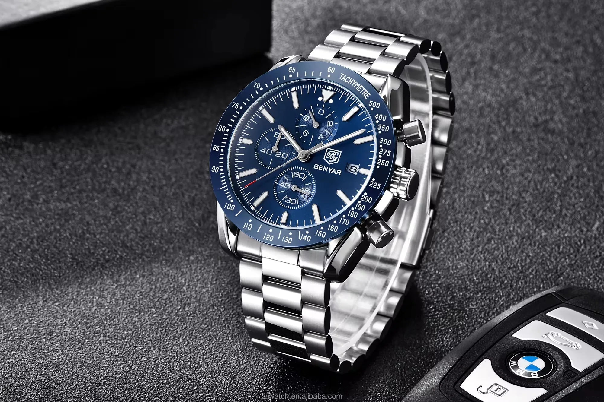 BENYAR Men Watch Top Brand Stainless Steel Band Luxury Business Sport Chronograph Quartz Wristwatch Men Clock