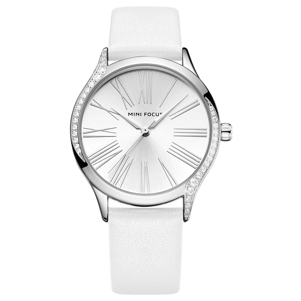 Diamond Grace - Women's Leather Strap Watch with Crystal Case