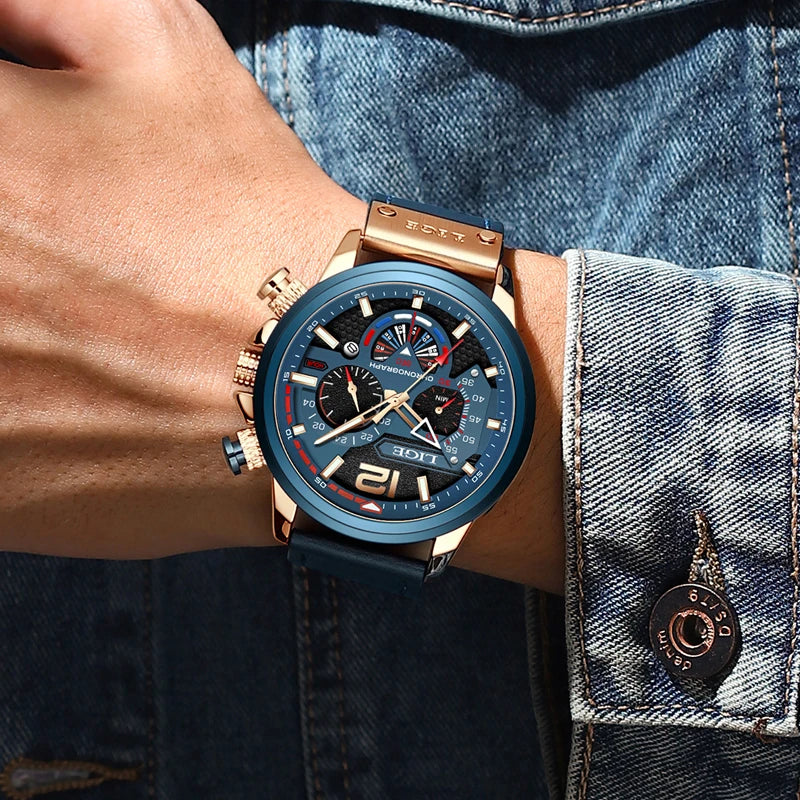 LIGE Mens Watches Big Dial Quartz Wristwatch Business Leather Watch for Men Luminous Waterproof Watch Man Relogio Masculino+Box