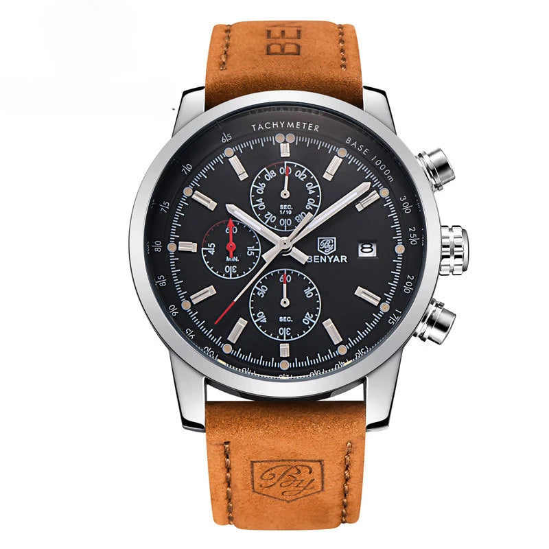 Benyar 5102 Men's Watches Waterproof Leather Strap Watches Men's Chronographs Top Brand Hot Quartz Watches