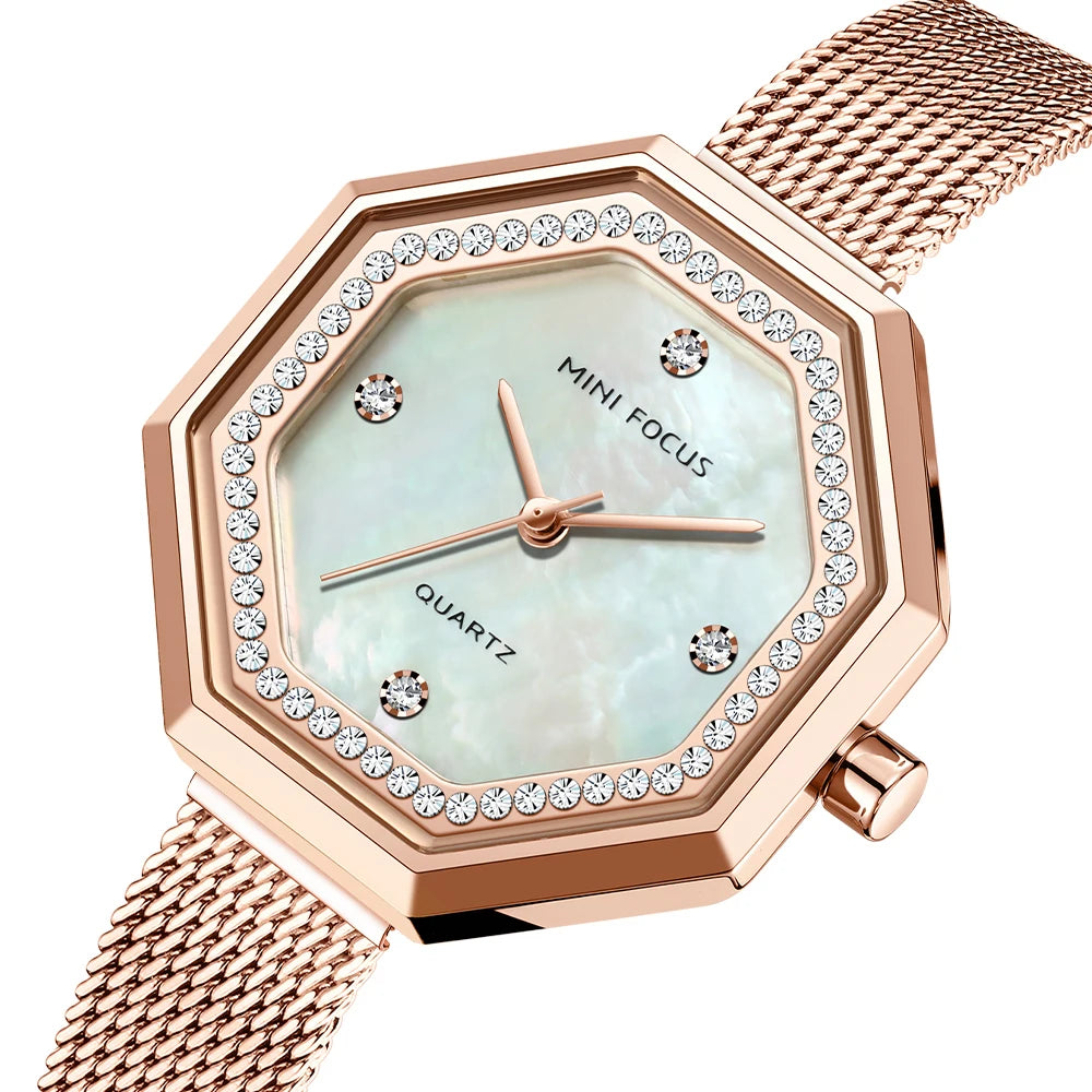 Crystalline Octagon Mesh Watch - Women's Luxury Timepiece