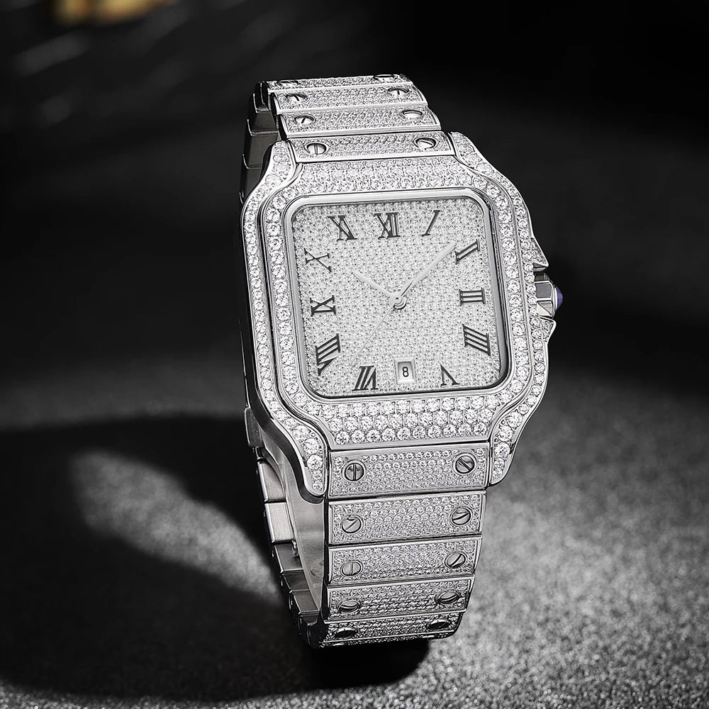 Luxury Analog Pointer Automatic Mechanical Watch Square Design VVS Moissanite Diamond Test Popular Manufacturers Retail