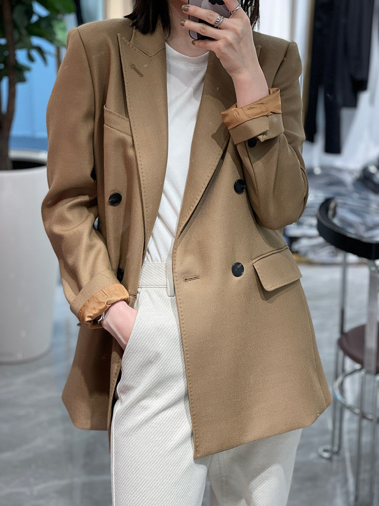 High-end Suit Jacket Women Autumn 100% Wool Horn Buckle White Small Suit 2024 Winter Black Double-Breasted Slim Commuter Classic