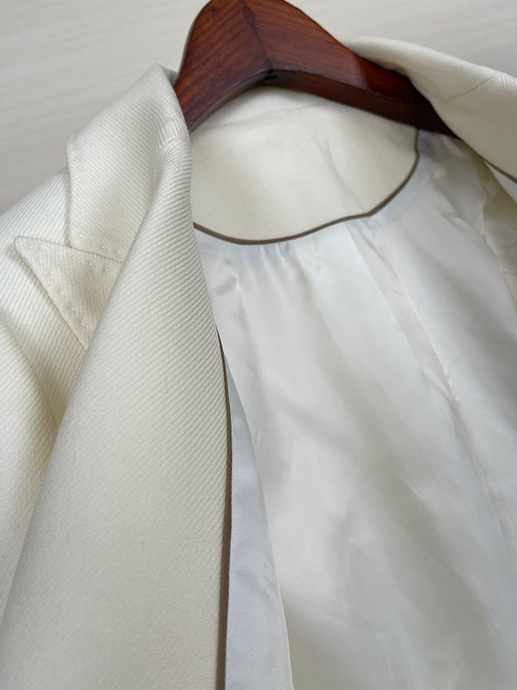 High-end Suit Jacket Women Autumn 100% Wool Horn Buckle White Small Suit 2024 Winter Black Double-Breasted Slim Commuter Classic