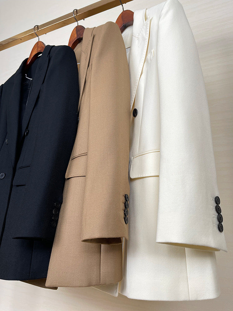 High-end Suit Jacket Women Autumn 100% Wool Horn Buckle White Small Suit 2024 Winter Black Double-Breasted Slim Commuter Classic