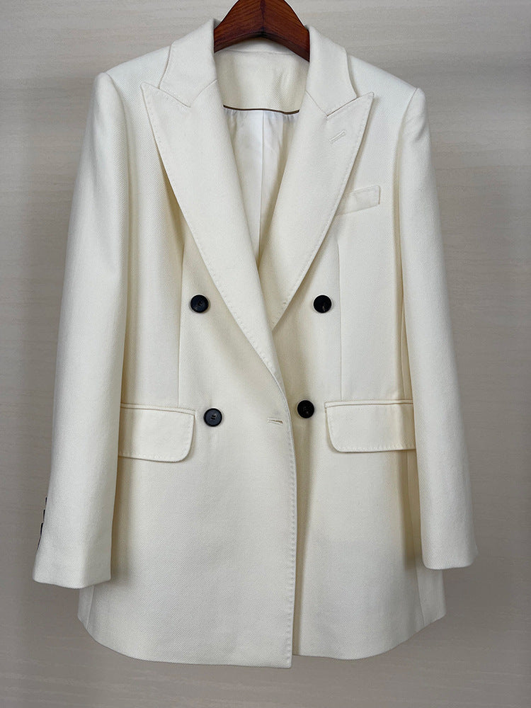 High-end Suit Jacket Women Autumn 100% Wool Horn Buckle White Small Suit 2024 Winter Black Double-Breasted Slim Commuter Classic