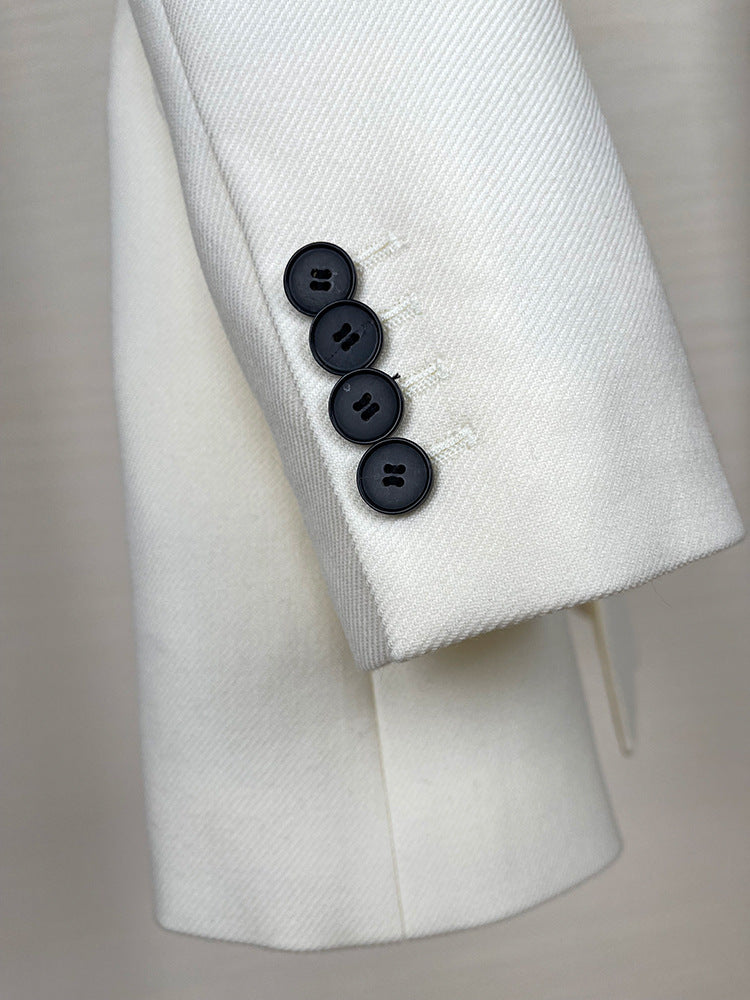 High-end Suit Jacket Women Autumn 100% Wool Horn Buckle White Small Suit 2024 Winter Black Double-Breasted Slim Commuter Classic