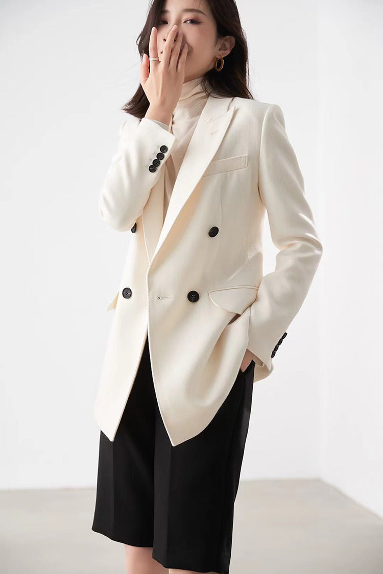High-end Suit Jacket Women Autumn 100% Wool Horn Buckle White Small Suit 2024 Winter Black Double-Breasted Slim Commuter Classic