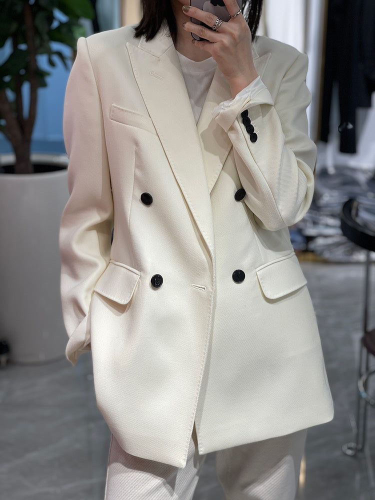 High-end Suit Jacket Women Autumn 100% Wool Horn Buckle White Small Suit 2024 Winter Black Double-Breasted Slim Commuter Classic