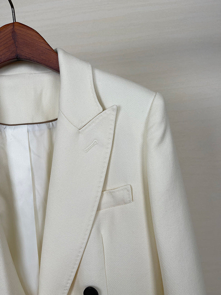 High-end Suit Jacket Women Autumn 100% Wool Horn Buckle White Small Suit 2024 Winter Black Double-Breasted Slim Commuter Classic